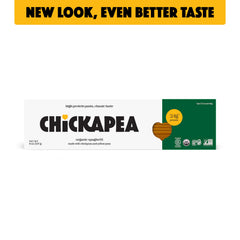 Close-up of chickpeas and yellow pea flour highlights clean, gluten-free pasta.