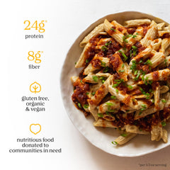 Chickapea pasta on table during family meal prep