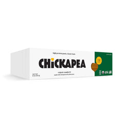 Chickapea spaghetti on a store shelf highlights two-ingredient formula and simple ingredients.