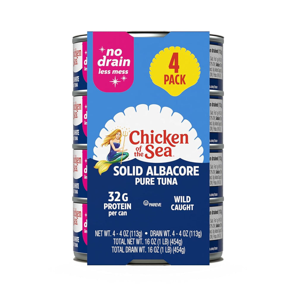 Chicken of the Sea albacore solid white tuna no-drain can for mess-free meals.
