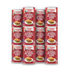 Chicken of the Sea red sockeye salmon can on shelf, protein-packed pantry staple.