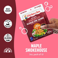 Chicken of the Sea Smoked Alaskan Pink Salmon Maple Smokehouse on a fresh salad bowl.