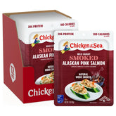 Chicken of the Sea smoked Alaskan pink salmon pack, ready to eat with smoky aroma.