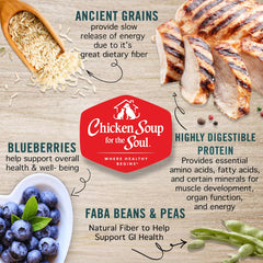 Chicken Soup for the Soul bag shows wheat-free, corn-free, soy-free formula