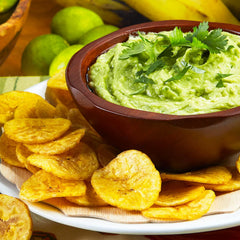 Chifles Original Sea Salt with dips scene highlights versatile snacking options.
