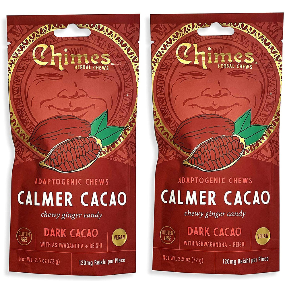 Chimes Calmer Cacao ginger chews front-pack image highlighting flavorful calm moments