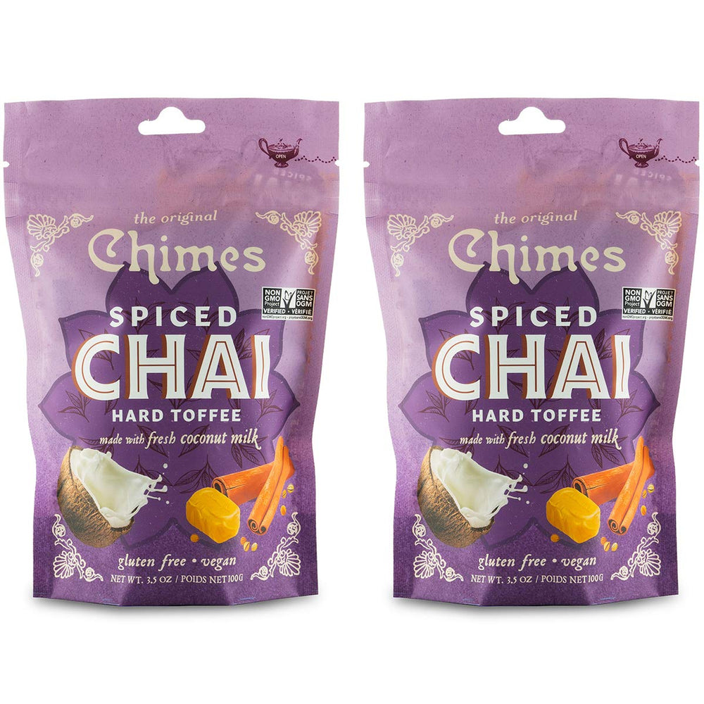 Chimes Coconut Spiced Chai Toffee Pack 2 wrapped, convenient snack for on-the-go