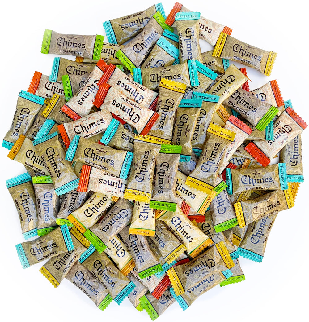 Chimes Ginger Chews 1lb variety bag front label showing assorted flavors for easy snacking.