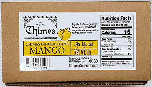 Chimes Mango Ginger Chews pack showing individually wrapped treats for travel and office snacking