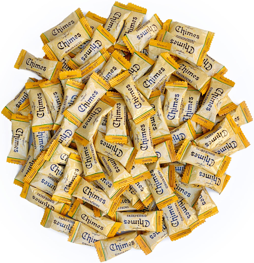 Chimes Mango Ginger Chews package showing natural ingredients and mango-ginger flavor for on-the-go snacking