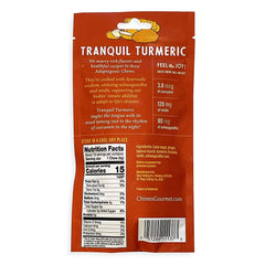 Chimes Tranquil Turmeric Ginger Chews ingredients close-up highlighting turmeric, ashwagandha, and reishi.