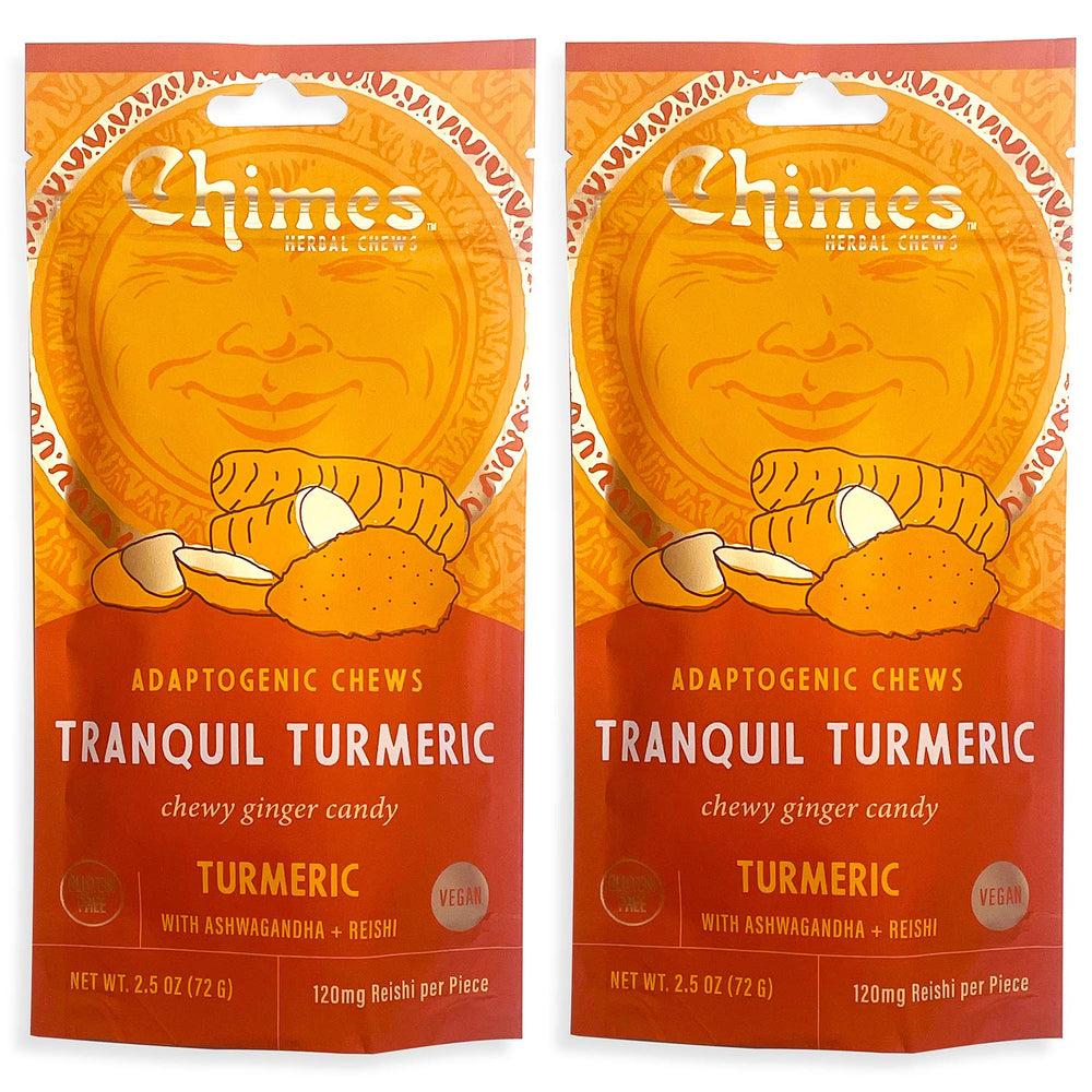 Chimes Tranquil Turmeric Ginger Chews pack front for mood support on the go.
