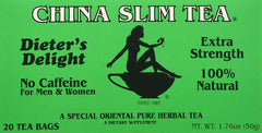 China Slim Tea Extra Strength box showing caffeine-free, natural herbal blend for daily enjoyment.
