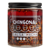 Chingonas Salsa Macha bottle front showing the glossy oil-based crunch for tacos