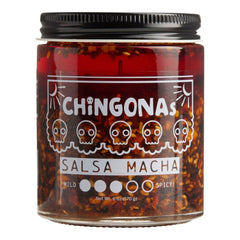 Chingonas Salsa Macha bottle front showing the glossy oil-based crunch for tacos