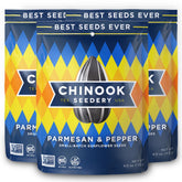 Chinook Seedery Parmesan & Pepper bag showcasing bold flavor for keto-friendly snacking.
