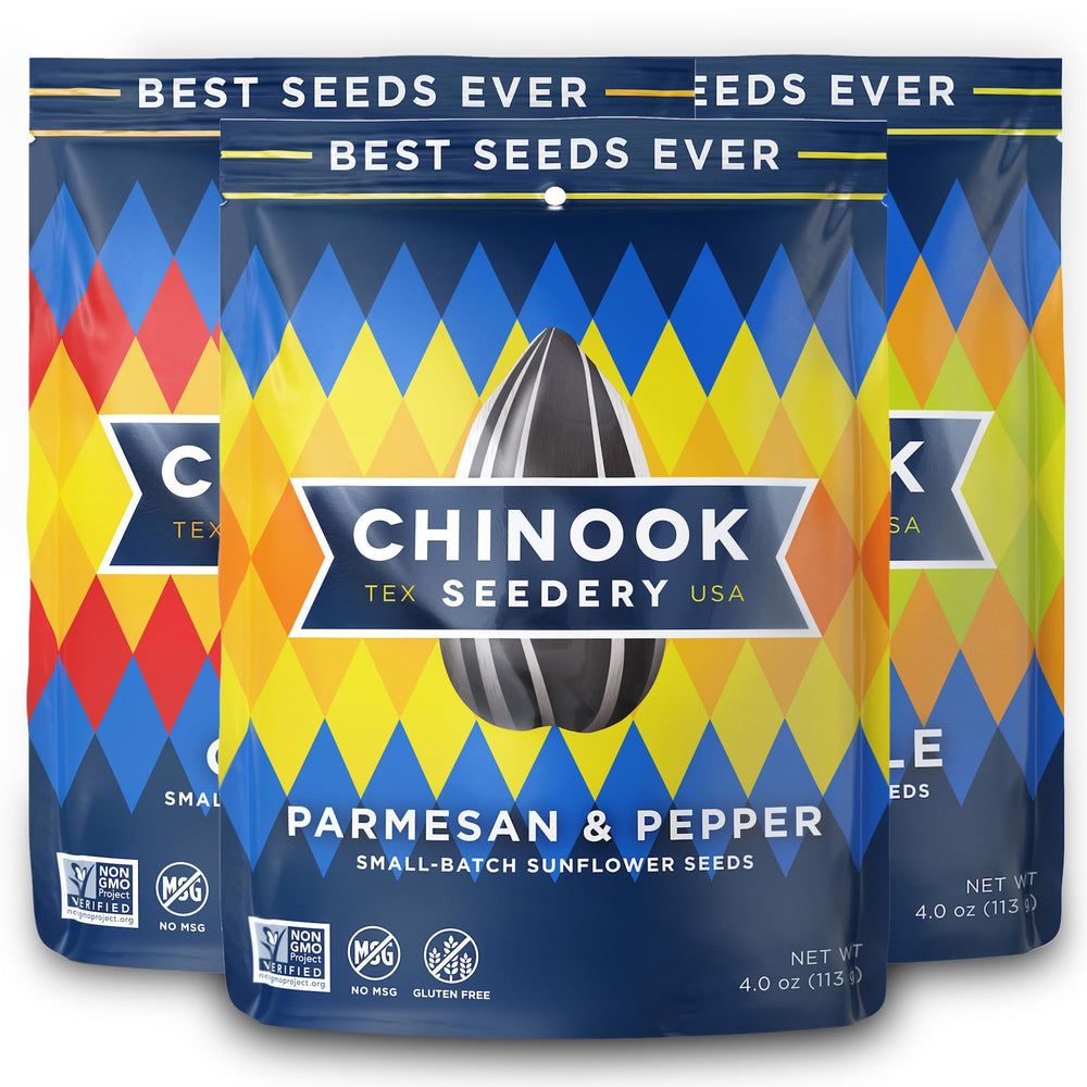 Chinook Seedery Parmesan & Pepper sunflower seeds in a resealable bag for bold on-the-go snacking.