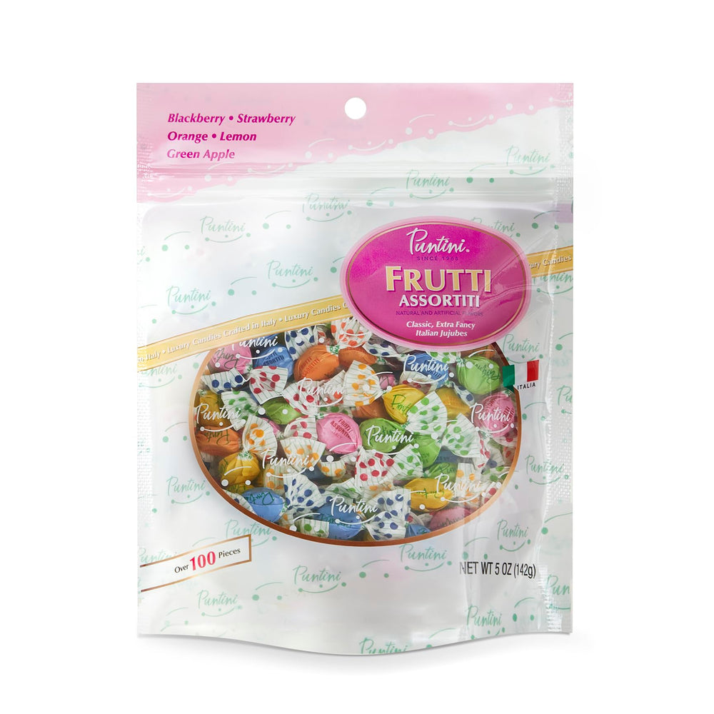 Chipurnoi Puntini Frutti Assortiti packaging highlights Italian gourmet chewy jujubes for convenient snacking.