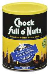Chock Full o’ Nuts French Vanilla can front view, rich aroma for daily mornings.
