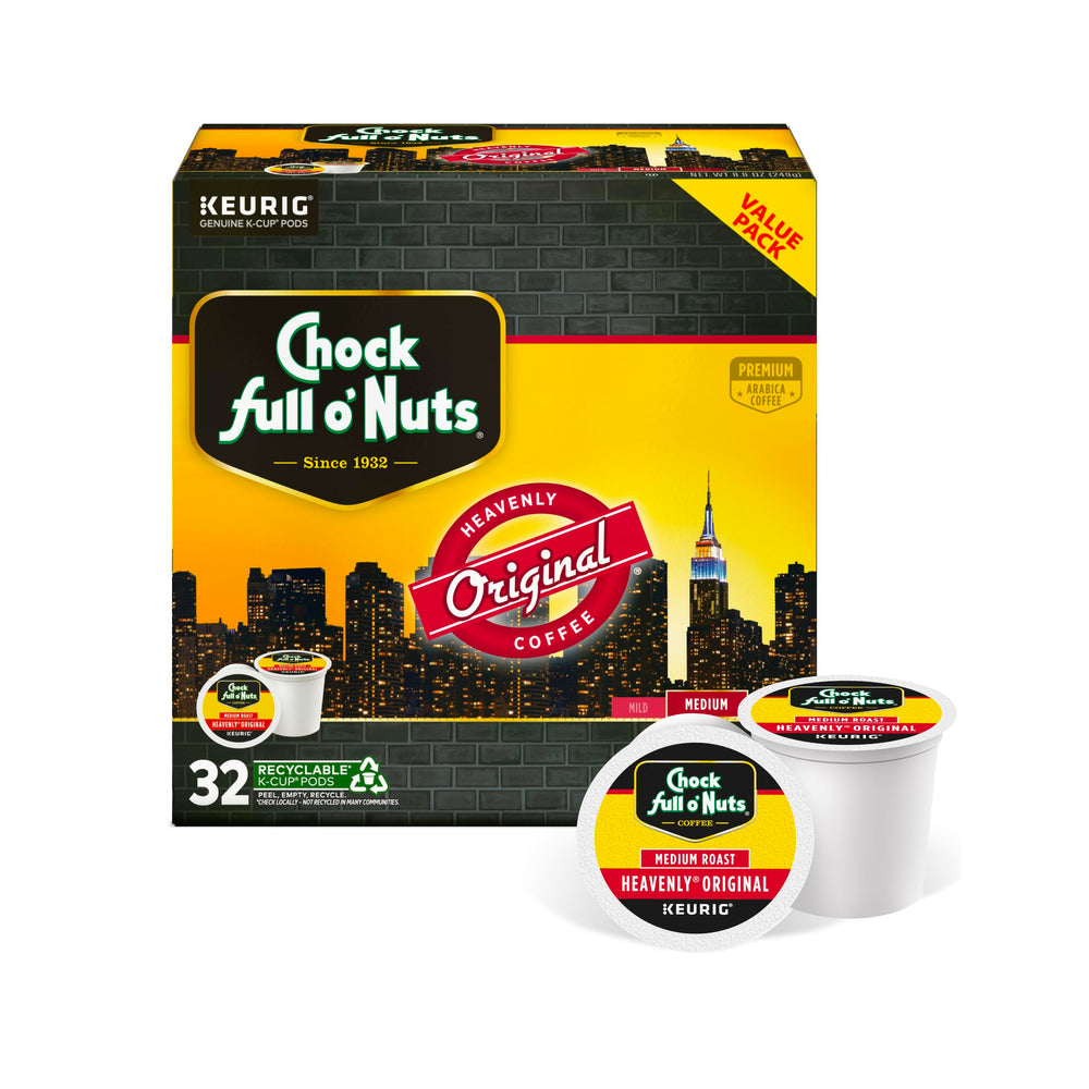 Chock Full o Nuts Heavenly Original K-Cup Pod for Keurig brewers delivers smooth, balanced flavor.