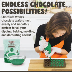 Chocolate Works Green Melting Wafers melt and pour closeup, ideal for dipping fruits and candies.