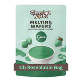 Chocolate Works Green Melting Wafers pack front, smooth melting for dip and decorate desserts.