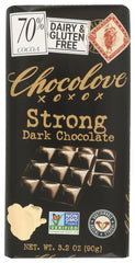 Chocolove 70% bar unwrapped, rich bittersweet chocolate ready for tasting.