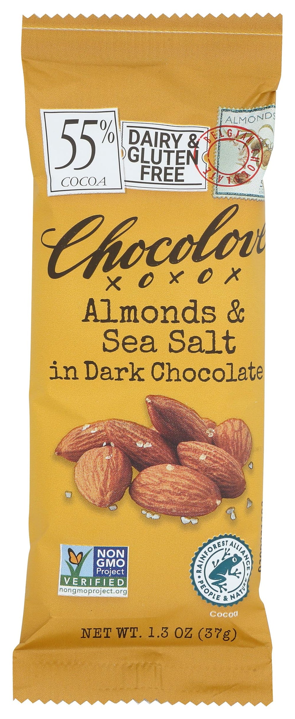Chocolove almonds-sea-salt-dark-chocolate-bar close-up shows crunchy almond pieces for a satisfying bite.