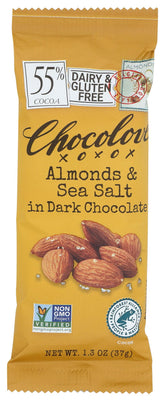 Chocolove almonds-sea-salt-dark-chocolate-bar close-up shows crunchy almond pieces for a satisfying bite.