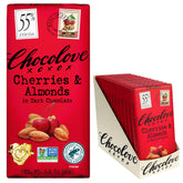 Chocolove Cherry and Almonds bar pack close-up highlights real cherries and crunchy almonds