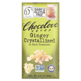 Chocolove dark ginger crystalized bar closeup shows spicy-sweet ginger chunks.