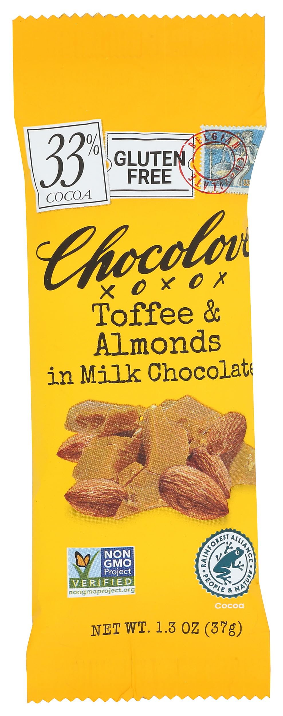 Chocolove mini milk toffee almond bar packshot shows creamy Belgian chocolate