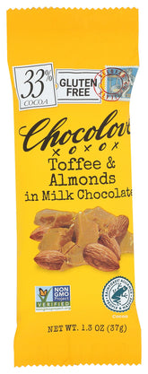 Chocolove mini milk toffee almond bar packshot shows creamy Belgian chocolate