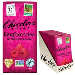 Chocolove Raspberry 55% dark chocolate bar with tangy bits for a balanced, indulgent treat.