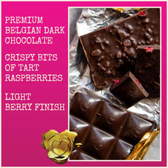 Chocolove raspberry pieces closeup highlighting vibrant fruit against dark chocolate.