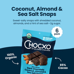 Individually wrapped ChocXO snaps with coconut and almonds and sea salt.