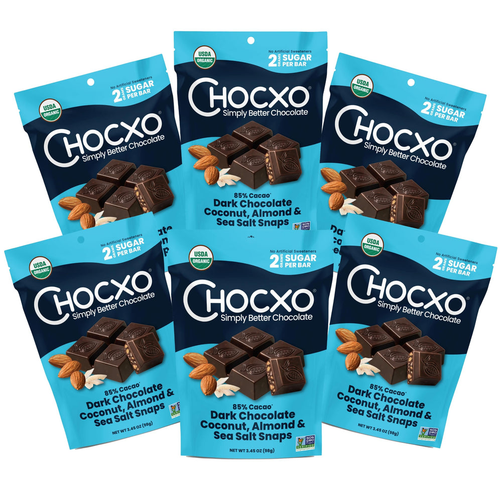 ChocXO dark chocolate coconut almond snaps show organic ingredients and low sugar.