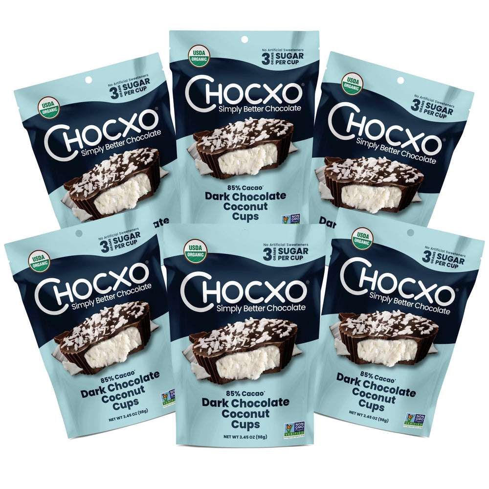 ChocXO dark chocolate coconut cups with 85% cacao offer rich, lower-sugar indulgence.
