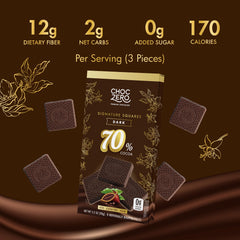 ChocZero 70% squares four-pack display, gift-ready packaging for celebrations