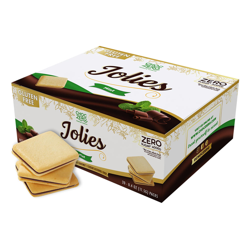 ChocZero Mint Jolies packaging showing gluten-free sugar-free indulgence on the go