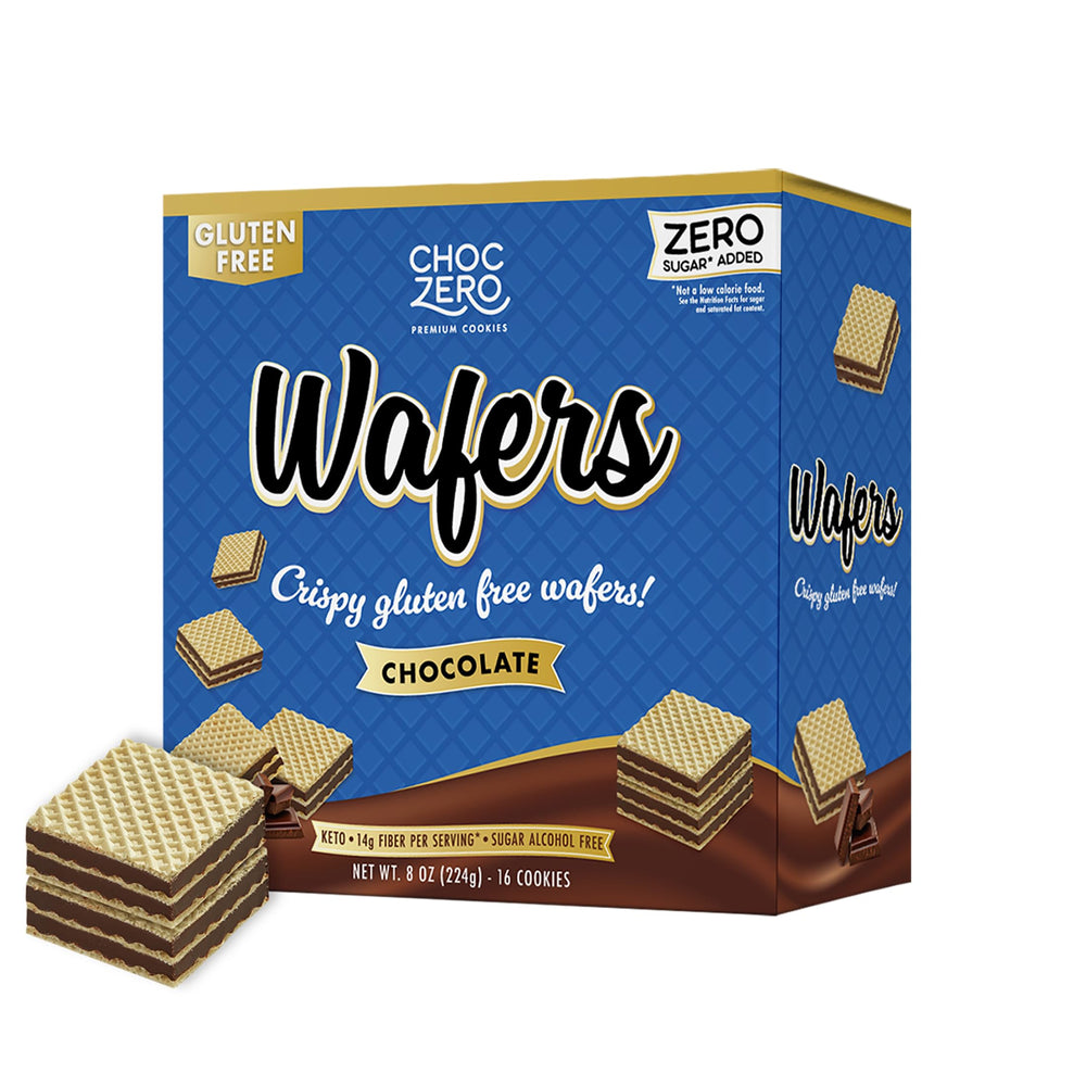 ChocZero packaging for chocolate wafer cookies showing a sugar-free, on-the-go snack.