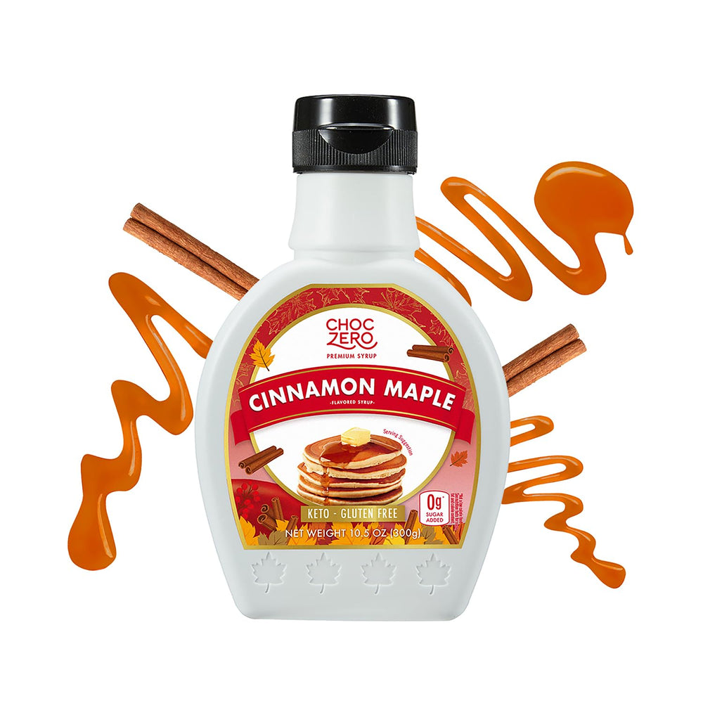 ChocZero Cinnamon Maple Syrup bottle pour shows keto-friendly sugar-free flavor.