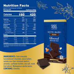ChocZero dark chocolate almond bark closeup reveals almond pieces and sea salt for a flavorful low-sugar bite.