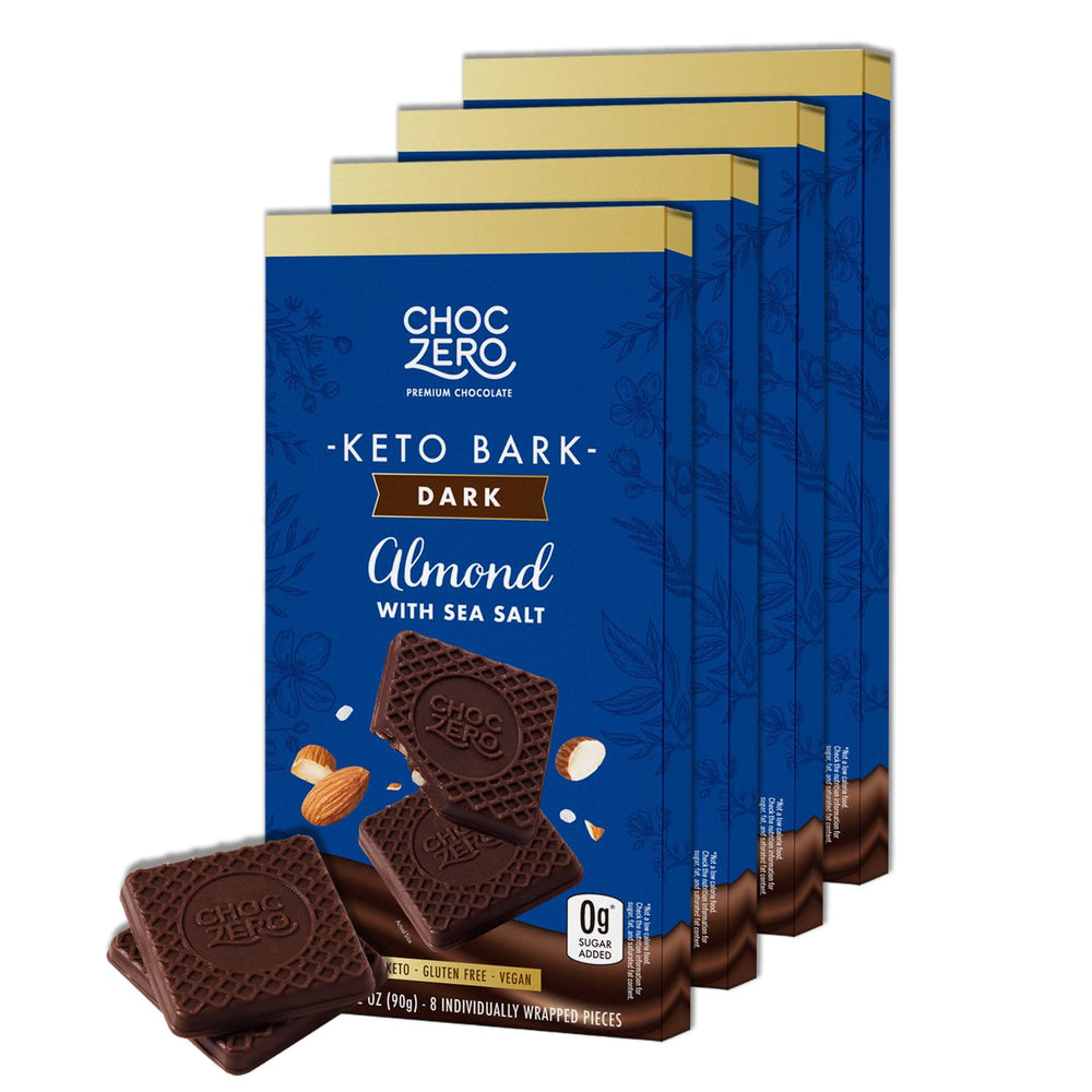 ChocZero dark chocolate almond bark with sea salt packaging highlights a vegan, sugar-free snack option.