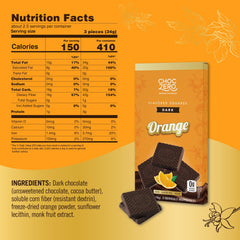 ChocZero Dark Chocolate Orange Squares bar closeup shows glossy chocolate and citrus aroma