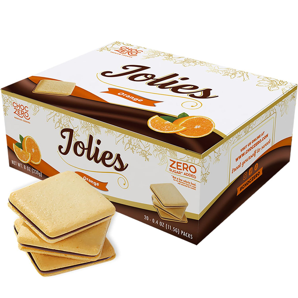 ChocZero Dark Orange Jolies cookies in a box, gluten-free snacking