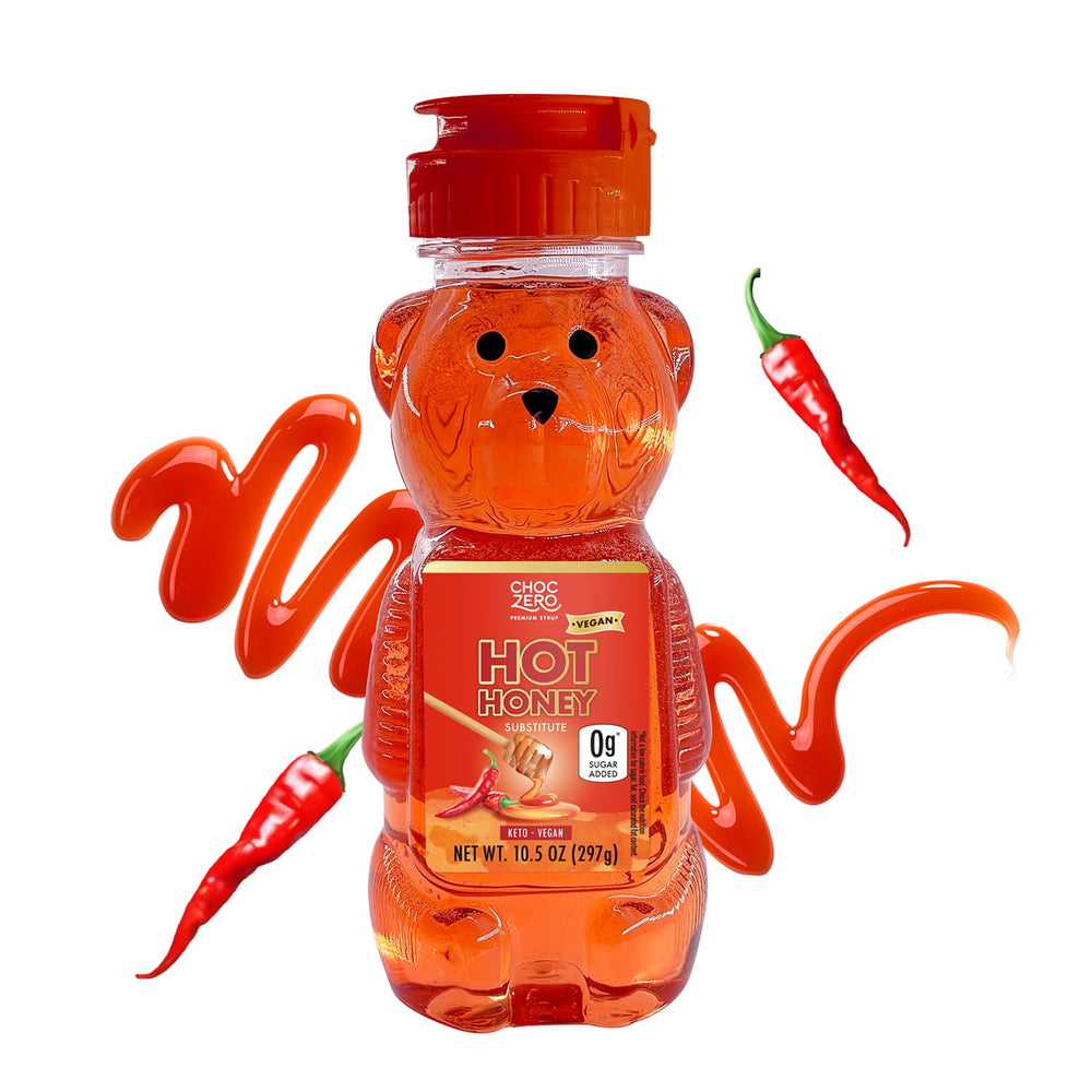 ChocZero hot honey bottle on kitchen counter ready to glaze meals