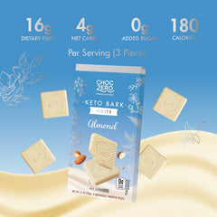 ChocZero Keto Bark cross-section reveals white chocolate and roasted almonds.