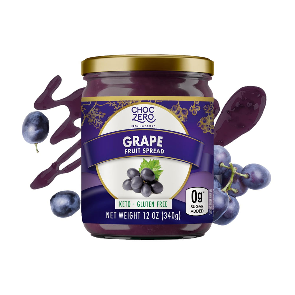 ChocZero keto grape jam jar with zero added sugar, perfect for low-sugar breakfasts.