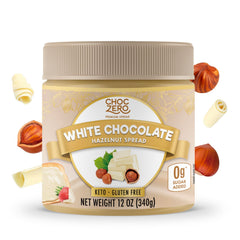 ChocZero Keto White Chocolate Hazelnut Spread jar – silky texture for a sugar-free breakfast.